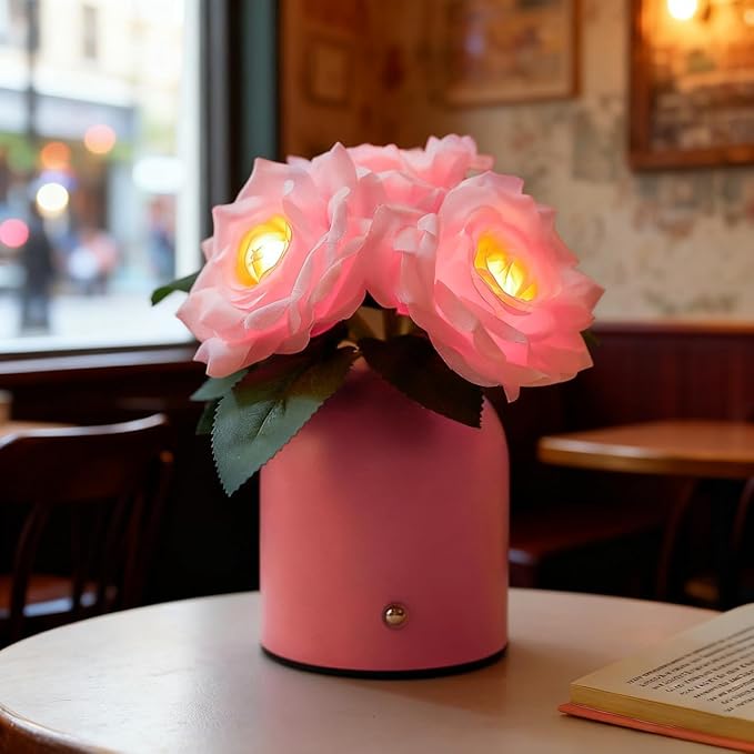 Pink Rose Lamp, Christmas Birthday Valentines Day Gifts for Women Wife Mom Girlfriend Daughter, Rechargeable Cordless Touch Table Lamp, Bedroom Bar Coffee Shop Decor Night Light