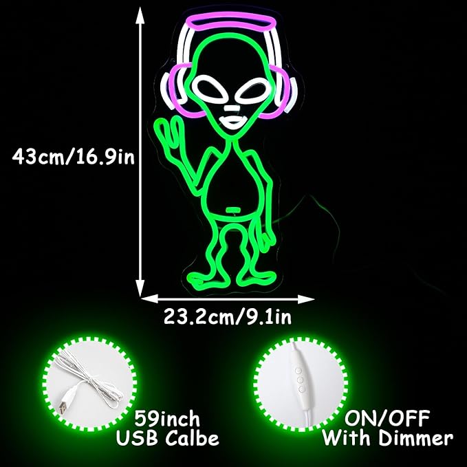 Alien Neon Sign for Wall Decor - Green Music Neon Light Dimmable Cool LED Light Up Sign for Music Studio, Game Room, Party, Bar, Man Cave Decoration
