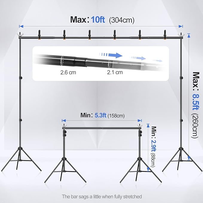 EMART Backdrop Stand 10x8.5ft(WxH) Photo Studio Adjustable Background Stand Support Kit with 2 Crossbars, 8 Backdrop Clamps, 2 Sandbags and Carrying Bag for Parties Events Decoration