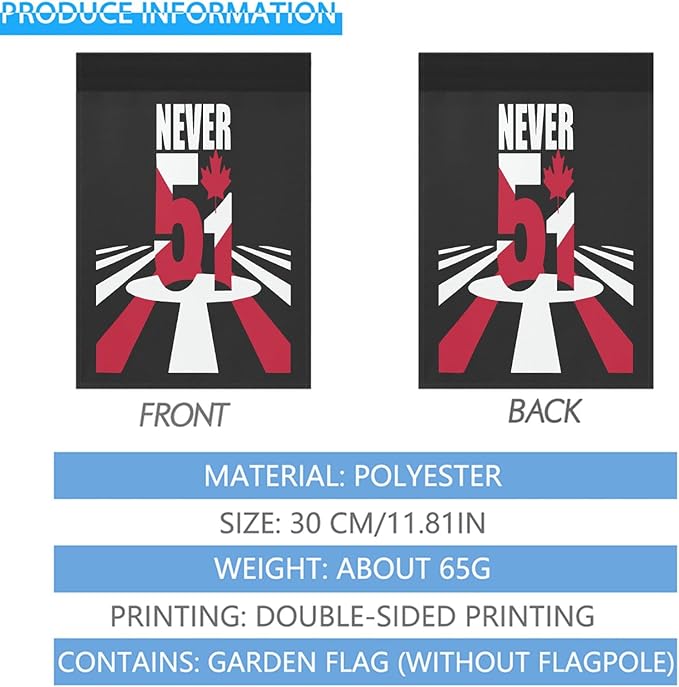 Canada Never 51st State Garden Flags 12x18 Double Sided Funny Banner for Home Garden Patio and Yard