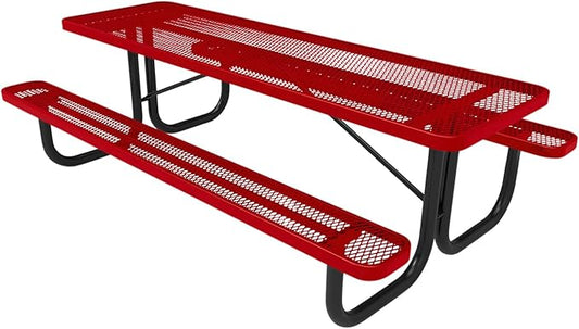 Coated Outdoor Furniture Heavy-Duty Portable Outdoor Picnic Table, Thermoplastic Coated Expanded Metal Commercial-Grade Patio Dining Furniture Made in America (8ft Rectangular, Textured Red)