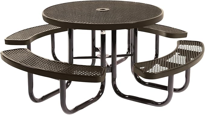 Coated Outdoor Furniture Heavy-Duty Portable Outdoor Picnic Table with Umbrella Hole, Expanded Metal Commercial-Grade Patio Dining Furniture Made in America (46" Round Top, Textured Brown)