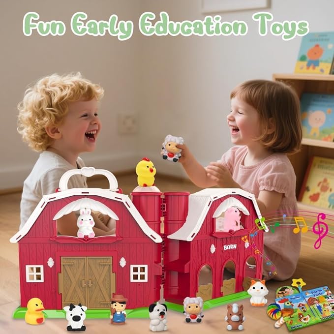 Big Musical Red Barn Toy Farm Animal Finger Puppets for 1 2 3 4 5 Years Old, Animal Figures Playset with Farm Tails Baby Book, Sensory Learning Toys Gift for Toddlers Boys Girls