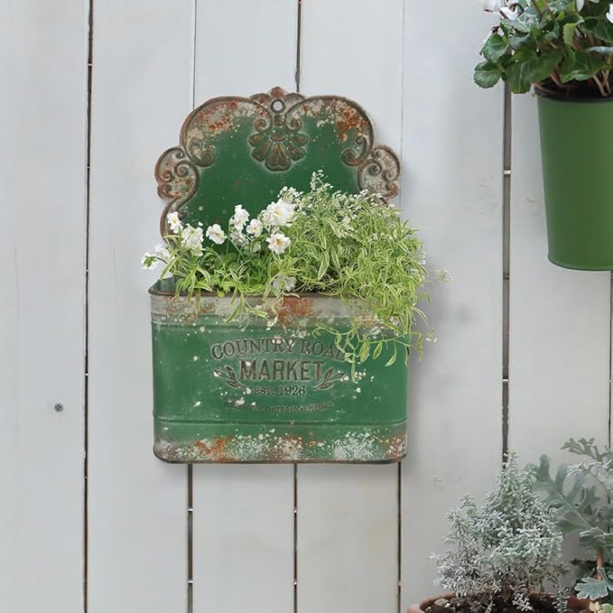 All Chic Metal Wall Planter Outdoor Wall Planter Wall Hanging Planter Rustic Wall Mount Planter Outdoor Wall Planter for Farmhouse Garden Decor (Green)