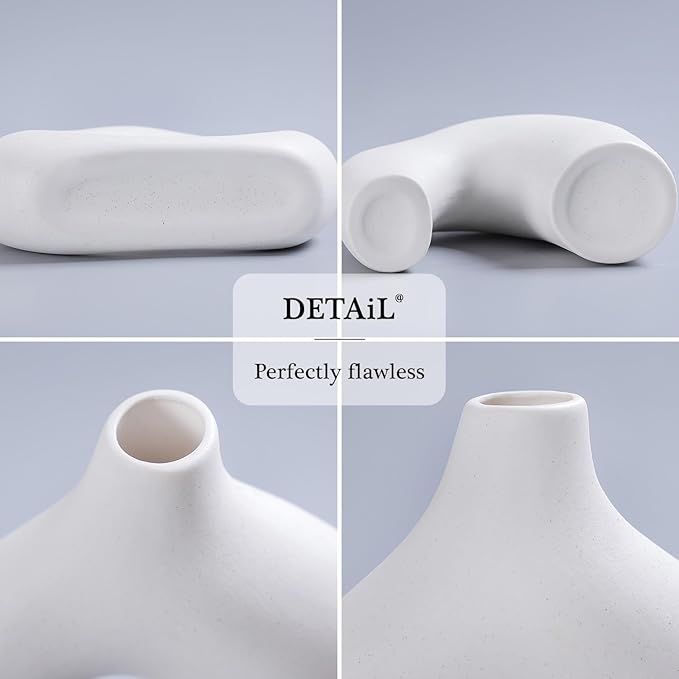 CEMABT White Ceramic Vase Set of 2 for Modern Minimalist Bohemian Decor，Round Matte Donut Vases for Pampas Grass-Perfect for Living Room, Dining Table, Office Bedroom Shelf Decor Entryway, Console