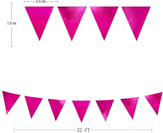 Hot Pink Party Decorations Triangle Pennant Banner Flag Rose Pink Metallic Fabric Bunting Garland for Birthday Bachelorette Wedding Bridal Shower Anniversary Flamingo Theme Party Supplies