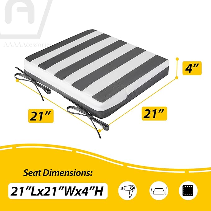 AAAAAcessories Outdoor Seat Cushions for Chairs, Waterproof, Fade-Resistant Patio Furniture Replacement Cushions, 21" x 21" x 4", Set of 2, Gray Cabana Stripe