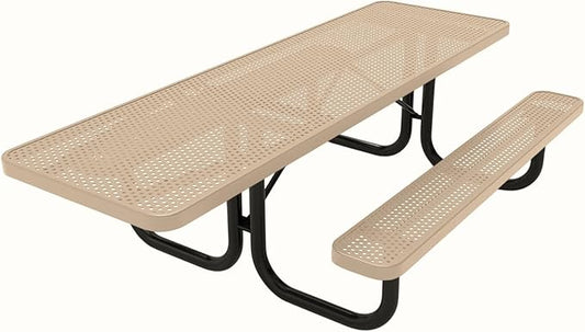 Coated Outdoor Furniture Heavy-Duty Portable ADA-Compliant Outdoor Picnic Table, Punched Steel Patio Dining Furniture Made in America (8ft Rectangular, One-Side Handicap, Tan)