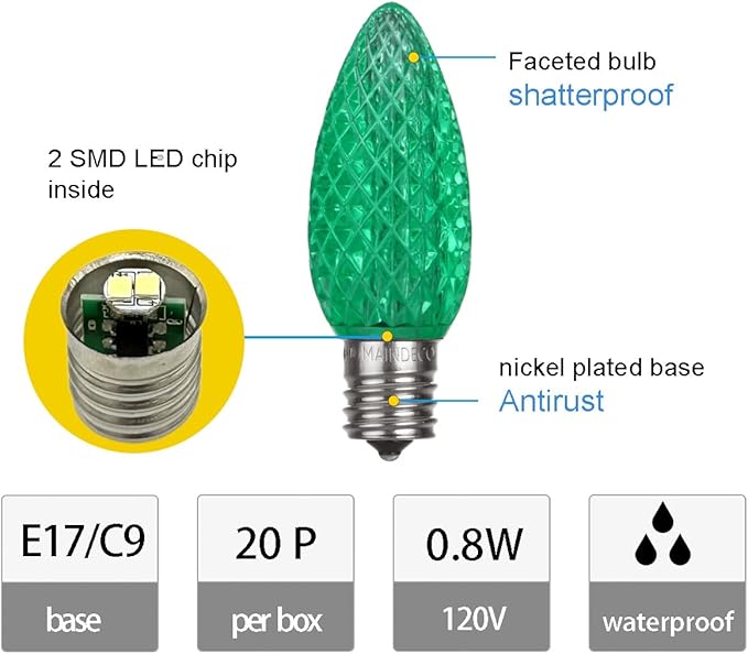 C9 Christmas Pathway Lights with Stakes,Red Green,2 Pack Total 60 Ft 40 Strawberry LED Bulbs,Connectable Shatterproof Outdoor Lights Marker for Xmas Yard Garden Path Lawn Walkway Sidewalk