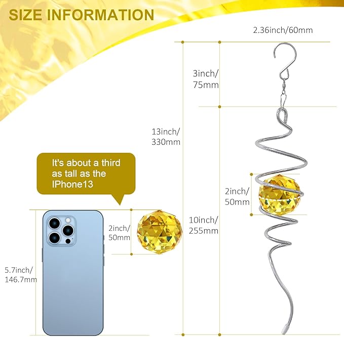 Gazing Ball Spiral Tail, Wind Spinner Stabilizer, Sun Catcher Metal Decor with Golden Crystal Glass Ball & Swivel Hook, Indoor Outdoor Decoration Garden Art Ornament Decorative Gifts 13 inch