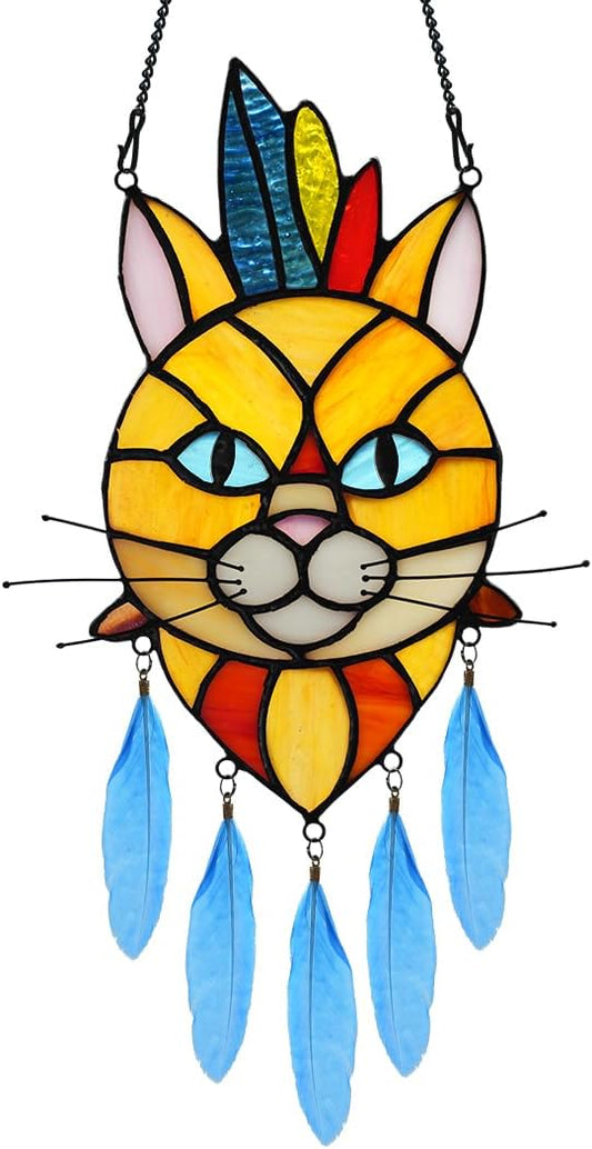 BOXCASA Orange Cat Decor Stained Glass Window Hangings,Cat Suncatcher for Window Indian Feathers Decoration,Funny Cat Decor Gifts for Cat Lovers,Cat Themed Gifts for Women