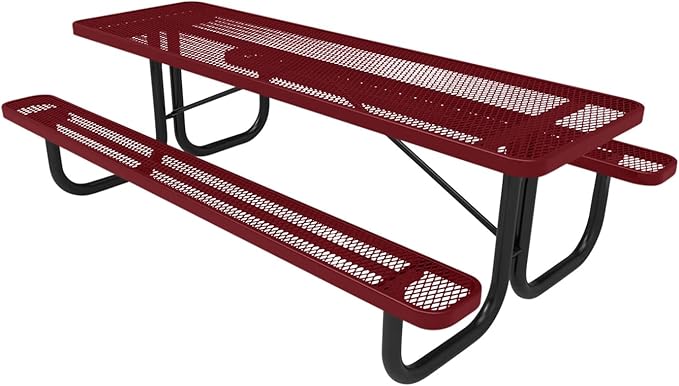 Coated Outdoor Furniture Heavy-Duty Portable Outdoor Picnic Table, Thermoplastic Coated Expanded Metal Commercial-Grade Patio Dining Furniture Made in America (8ft Rectangular, Burgundy)