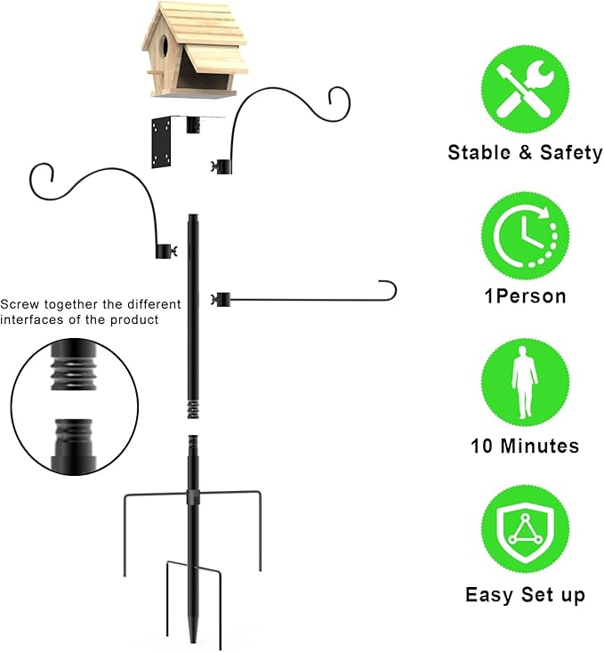 Bird Feeder Pole 118 Inch, Hummingbird House Mount Kit With Squirrel Proof Baffle, Double Shepherds Hooks for Outdoor, Yard, Garden Decor, Black (House Not Included)