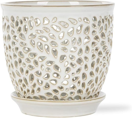 Elegant Orchid Pot with Holes, Large 6.5 inch Premium Porcelain Ceramic Orchid Pot for Repotting, Durable Ceramic Planter with Removable Saucer for Easy Drain, Planter Gifts for Moms