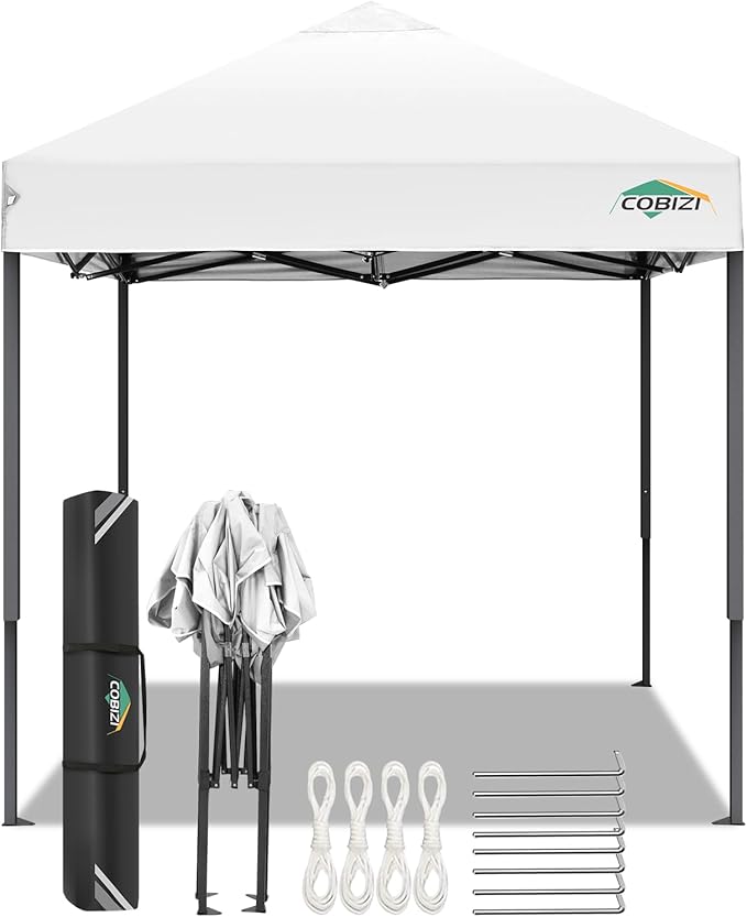 COBIZI 6.6x6.6ft Pop Up Canopy Tent, Heavy Duty Canopy Easy Set up All Weather Waterproof Outdoor Canopy Tent for Parties, Beach, Garden, Camping with 1 Handbag, 3 Adjustable Heights, UPF50+, White