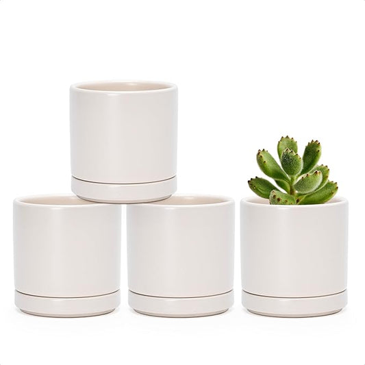 D'vine Dev Set of 4 Small Ceramic Plant Pots, 3.5 Inch Succulent Planter Pot for Plants with Drainage Hole and Saucer, Oatmeal, 94-X-A-8