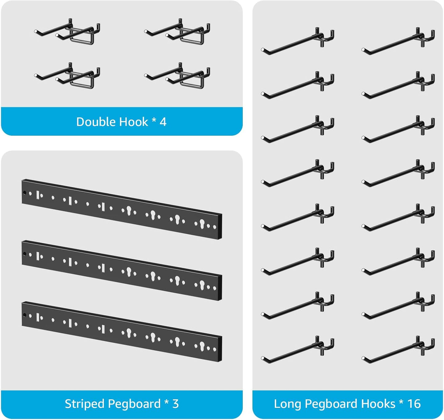 CCCEI 3 Modular Pegboard Strip Storage, Metal Peg Slat Wall Mount for Garage, Basement, Garden, Laundry Room Organization. Flexible Tool Organizer for Rake, Shovels, Crafting. Gifts for Men, Black.