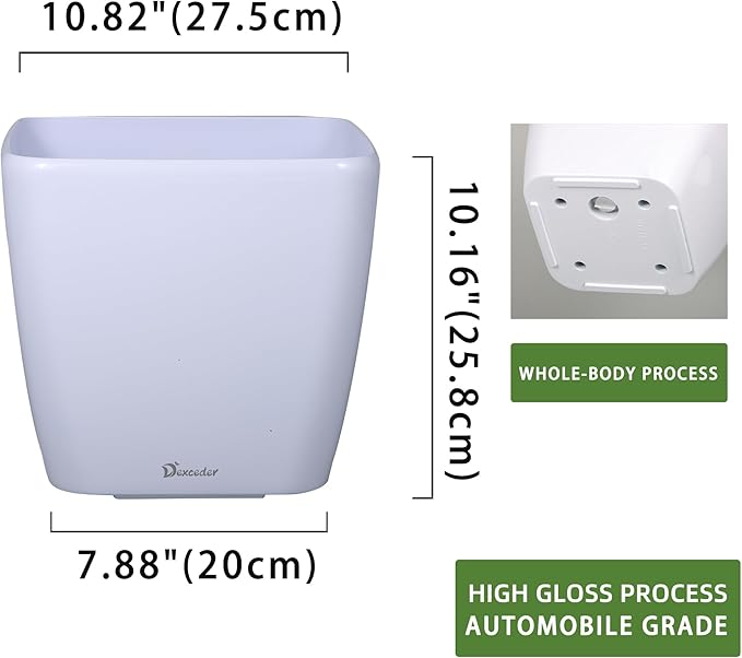 Dexceder 11x10 Self Watering Planter Indoor Outdoor, Inner Mat Design, Thickened Table Flower Plant Pot with Water Level Indicator (White High Gloss)