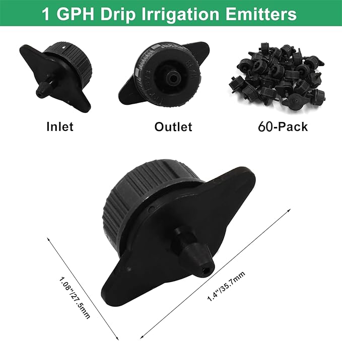 60 Pcs Drip Irrigation Emitters, 1 GPH Pressure Compensating Irrigation Drippers for Garden Lawn Watering Irrigation System, Black