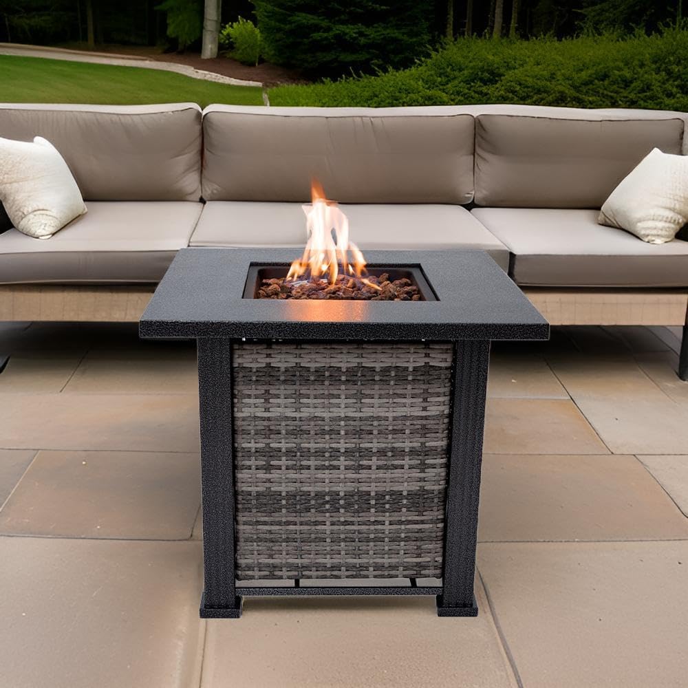 Adana Propane Fire Pit Table 28” Outdoor Firepit 50,000 BTU Firepits for Outside with Lava Rocks and Removable Lid Metal Fire Pit Outdoor Fireplace Propane Fire Pits for Outside CSA Certified