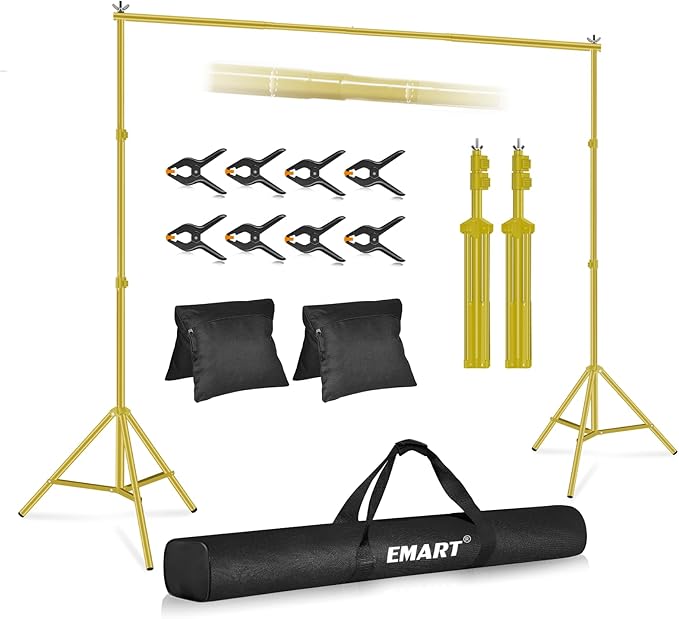 EMART Backdrop Stand 10x7ft(WxH) Photo Studio Adjustable Background Stand Support kit with 2 Crossbars, 8 Clamps, 2 Sandbags and Carry Bag for Parties, Events Decoration, Wedding -Titanium Gold