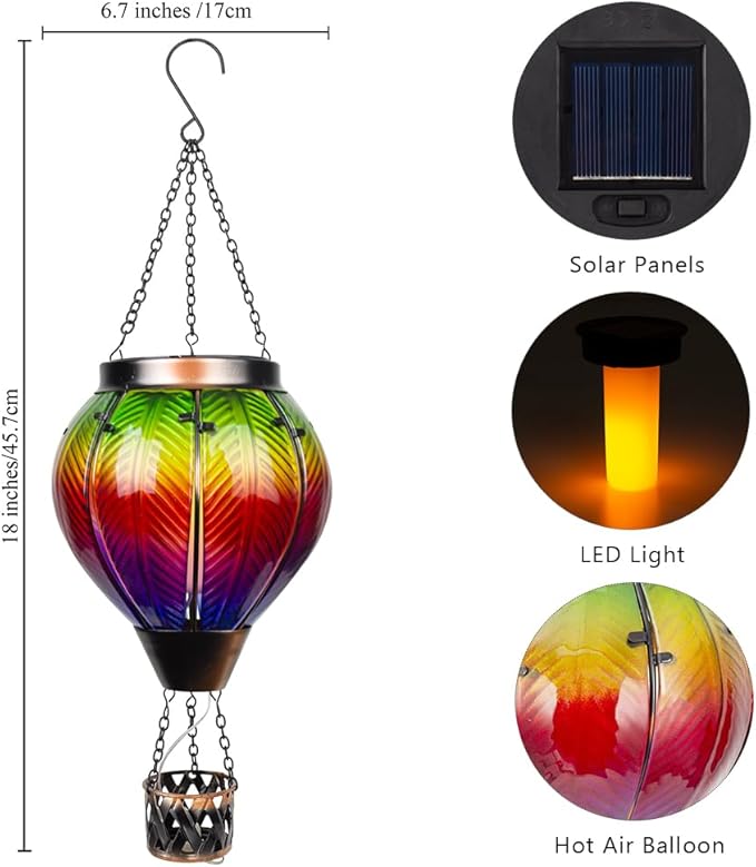 Colorful Solar Hot Air Balloon Lantern with Flame Flickering LED Glass Hanging Solar Lanterns Outdoor Waterproof Hot Air Balloon Lights for Patio Yard Garden Decor,Mother Day Gifts for Women