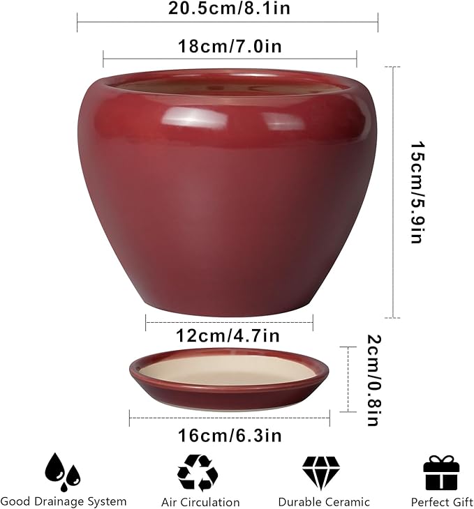 Ceramic Planter - 8 Inch Plant Pot Indoor with Drainage Hole and Saucer Planter for Outdoor Plants Round Flower Pot for House Patio Decor Red