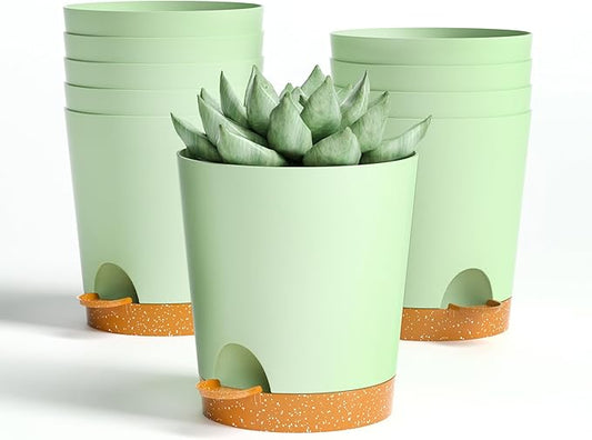 4 inch Small Plant Pots for Outdoor Indoor Plants, 10 Pack Planters with Drainage Holes and Tray, Small Self Watering Pots for Succulent,Cactus, Aloe and Other Plants (Green)