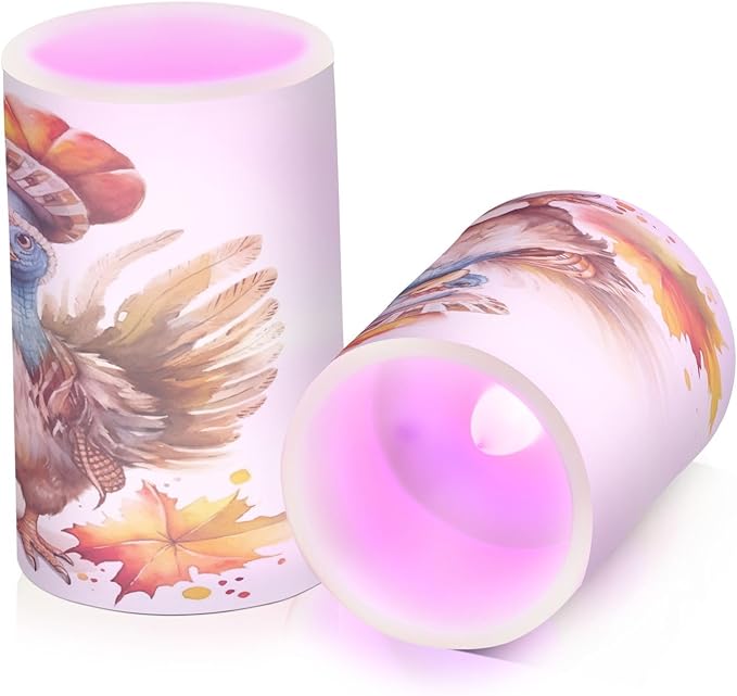 Flickering Flameless Candles, Cute Turkey Thanksgiving Pumpkin LED Candles with Remote Timer, Set of 2 Battery Operated Candle for Valentine Wedding Birthday