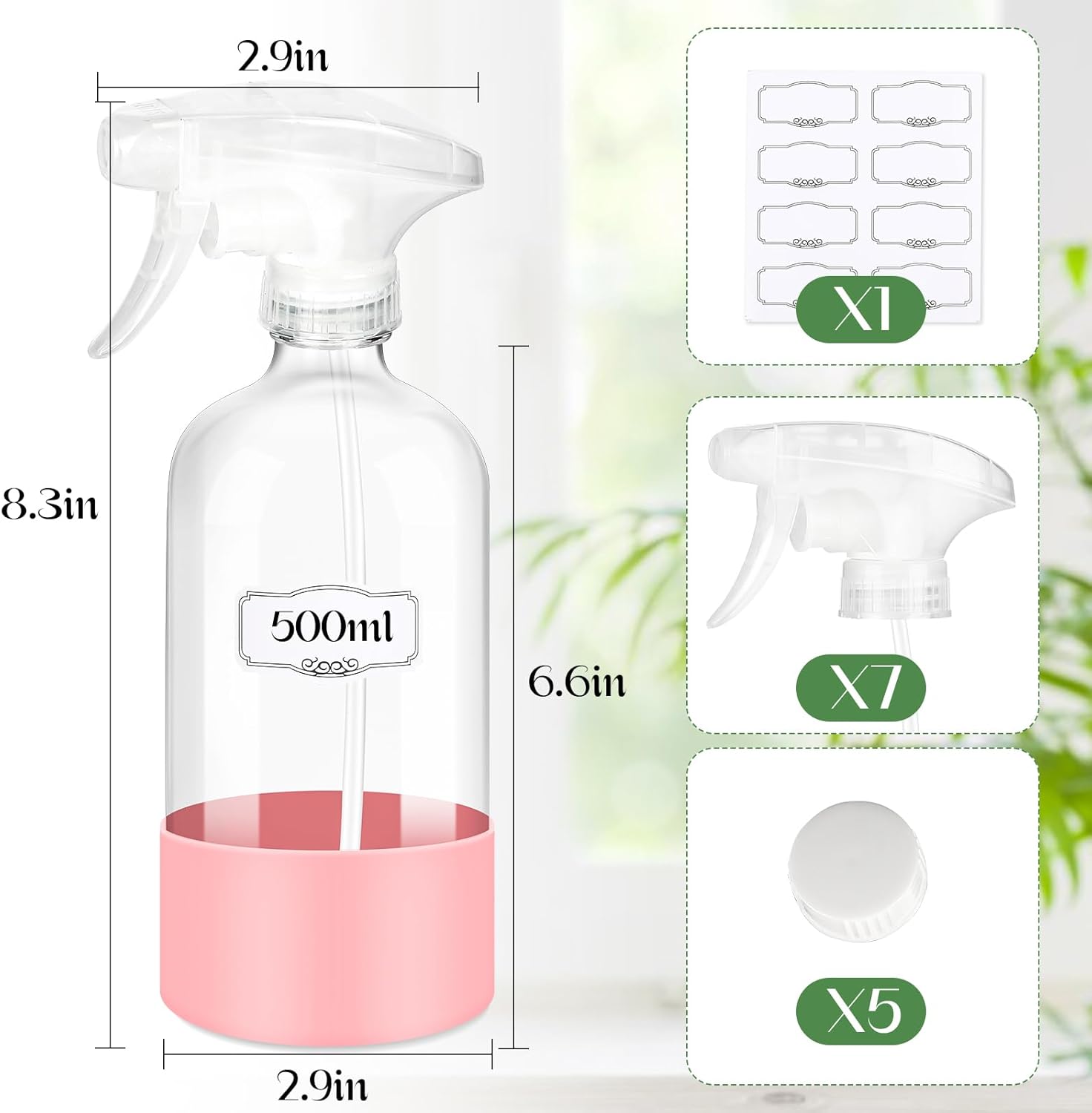 5 PACK/16 OZ Glass Spray Bottles with Upgraded Adjustable Spray Nozzle, Refillable Containers with Silicone Sleeve, Spray Bottle for Hair&Cleaning Solutions&Essential Oils-Pink Blue Gray Black White