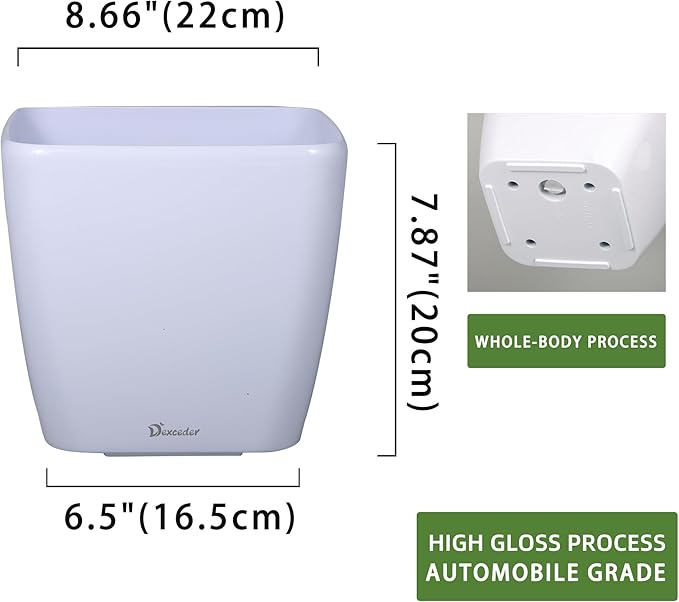 Dexceder 9x8 Self Watering Planter Indoor Outdoor, Inner Mat Design, Thickened Table Flower Plant Pot with Water Level Indicator (White High Gloss)