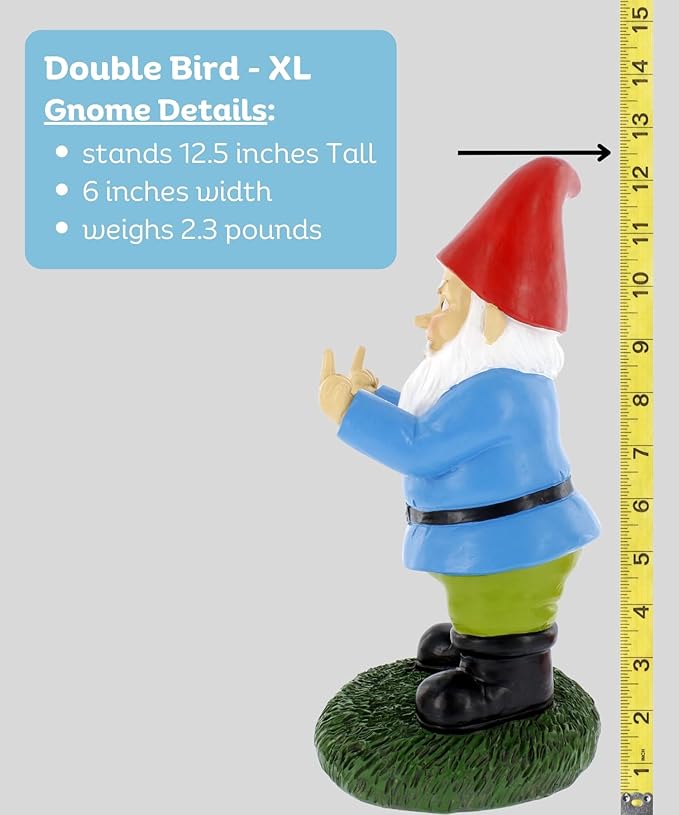 Gnometastic Middle Finger Gnome Statue, Large 12.5" Tall - Original Double Bird Garden Gnome Statue Decoration and Lawn Ornament - Outdoor Funny Garden Gnomes, Lawn Ornament