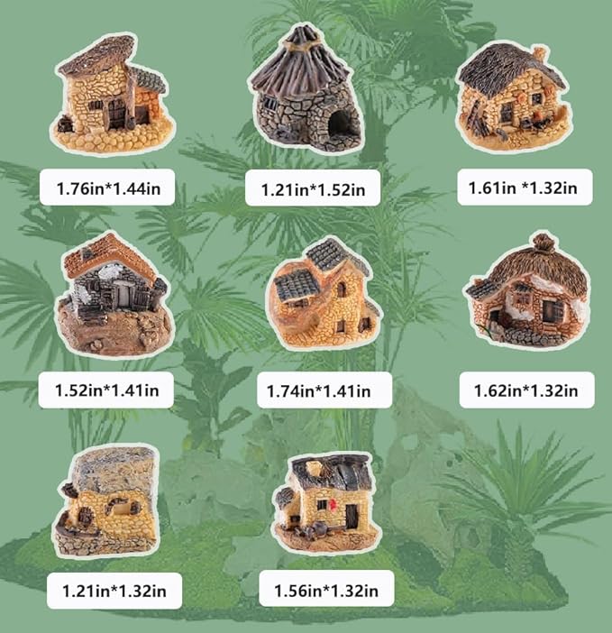 8pcs Miniature Fairy Garden Houses Resin Mini House Figurine Small Village Hut Figurine Cottage DIY Micro Landscape Garden Decor Ornament Accessories for Bonsai,Succulent Planting,Terrarium,Flower Pot