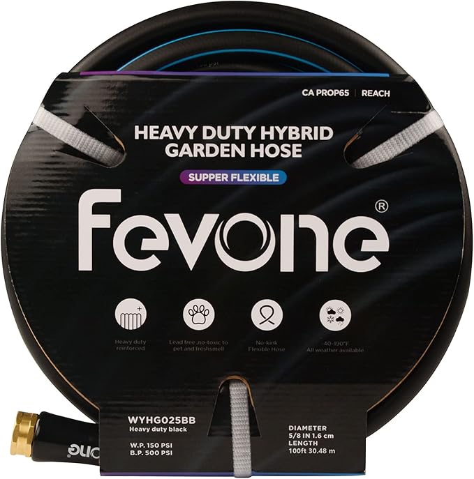 Fevone 100 ft Garden Hose, 2-Year Warranty, Heavy Duty Water Hose, Hybrid Polymer, Kink Resistance, Flexible, Durable, Solid Brass Fittings, 3/4" GHT, 5/8" ID, 600 PSI,