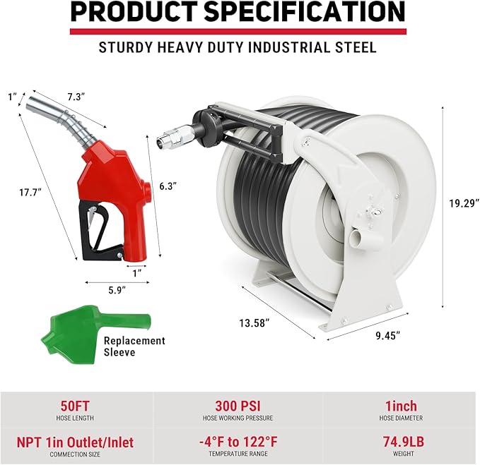 Diesel Fuel Hose Reel Retractable 1" x 50' with Fueling Nozzle Diesel Hose Reel 300 PSI Industrial Auto Swivel Heavy Duty Steel Construction for Farm Ship Vehicle Tank