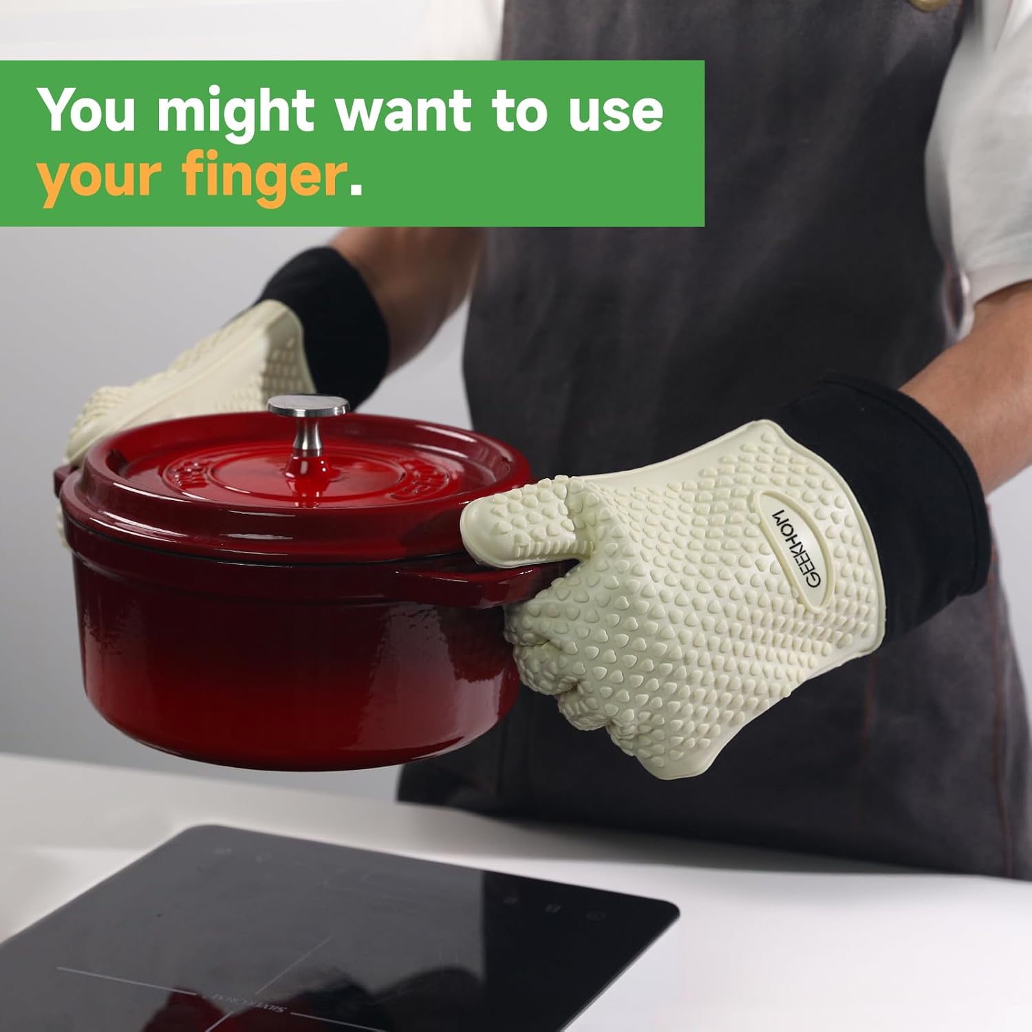 GEEKHOM BBQ Gloves Heat Resistant Oven Mitts - Silicone Grilling Gloves with 13.7" Arm Protection - Waterproof Pot Holder Non-Slip for Men & Women, Kitchen Outdoor Cooking, Baking, Camping, Mint Beige