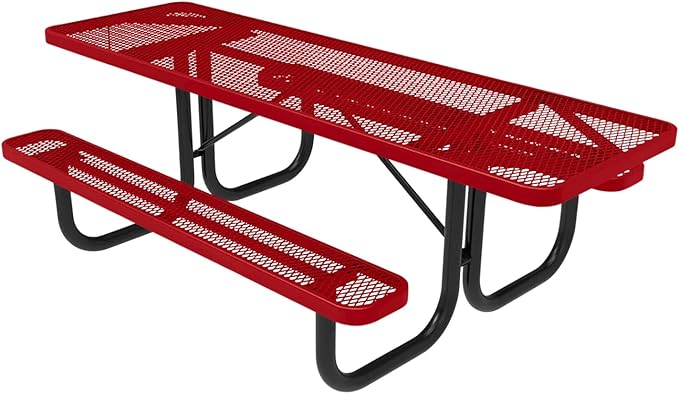 Coated Outdoor Furniture Heavy-Duty Portable ADA-Compliant Outdoor Picnic Table, Expanded Metal Patio Dining Furniture Made in America (8ft Rectangular, Both-Side Handicap, Textured Red)