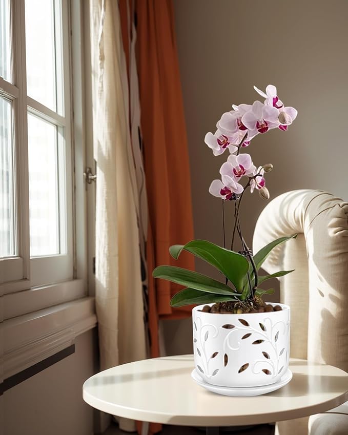 EFISPSS Orchid Pot with Holes, 5+6Inch Ceramic Plant Pots with Drainage Holes and Tray, Promoting Air Circulation and Drainage, Indoor/Outdoor White Flower Pots