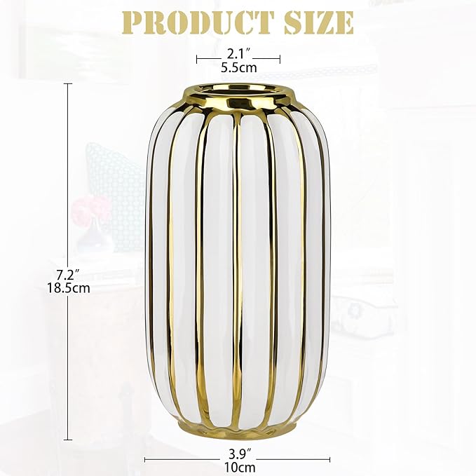 Briful Gold Plated Lantern Ceramic Vase Home Decor Creative Design Porcelain Decorative Flower Vase 8.66'' White Ceramic Vases for Wedding Anniversary Decoration