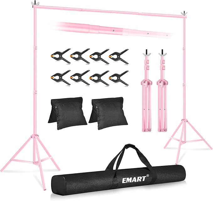 EMART Backdrop Stand 10x7ft(WxH) Photo Studio Adjustable Background Stand Support kit with 2 Crossbars, 8 Clamps, 2 Sandbags and Carry Bag for Parties, Events Decoration, Wedding, Photography -Pink