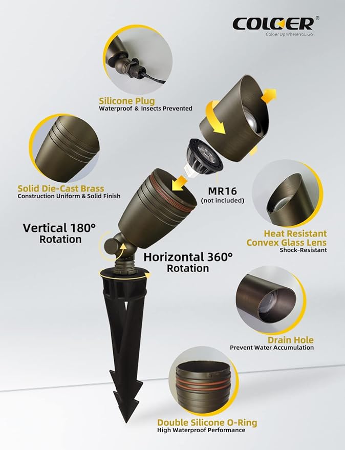 COLOER Die-cast Brass Landscape Spot Lights Outdoor, 12V AC/DC Low Voltage Landscape Lighting Fixture, IP65 Waterproof Directional Uplight Outdoor for Yard(102B,12-Pack Without Bulb)