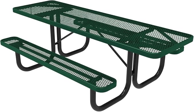 Coated Outdoor Furniture Heavy-Duty Portable ADA-Compliant Outdoor Picnic Table, Expanded Metal Patio Dining Furniture Made in America (8ft Rectangular, Both-Side Handicap, Textured Green)