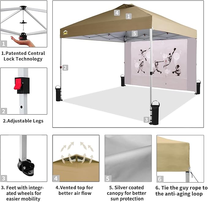 CROWN SHADES 10x10 Pop Up Canopy Tent with Game Netting - Beach Tent with One Push Setup - Outdoor Sun Shade for Events, Parties, Camping with STO-N-Go Cover Bag, Silver Coated Top, Khaki