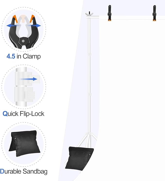 EMART Backdrop Stand 10x8.5ft(WxH) Photo Studio Adjustable Background Stand Support kit with 2 Crossbars, 8 Clamps, 2 Sandbags and Carry Bag for Parties, Events Decoration, Wedding, Photography -White