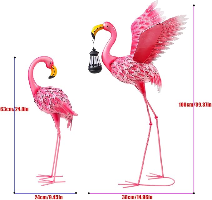 Garden Statues Flamingo Sculptures Metal Yard Art, Pink Bird Art Outdoor Backyard Decor Patio Lawn Porch Ornament Flamingo Yard Decoration (Sun and Moon)