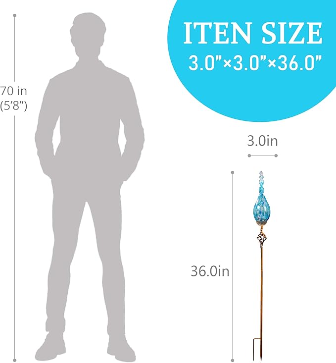 Garden Solar Light, Decorative LED Flame Garden Stakes, Hand Blown Glass and Metal Outdoor Decoration, 3 x 36 Inches (Light Blue)