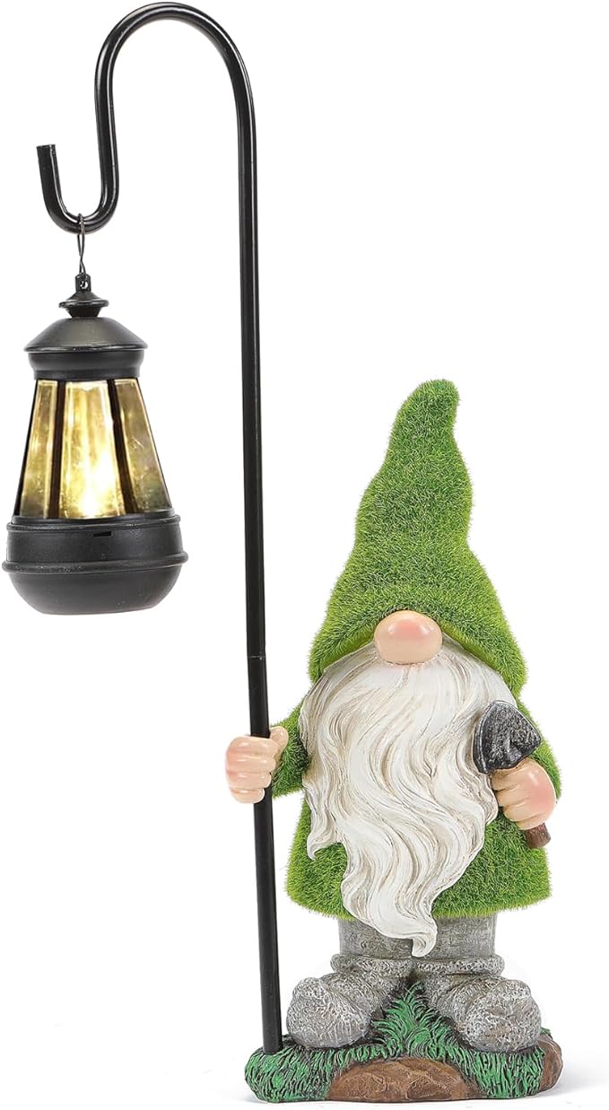 Flocked Garden Gnome Statue, Large Outdoor Gnome with Solar Lights, Funny Garden Figurines for Outdoor Home Yard Decor (15.8 Inch Tall)