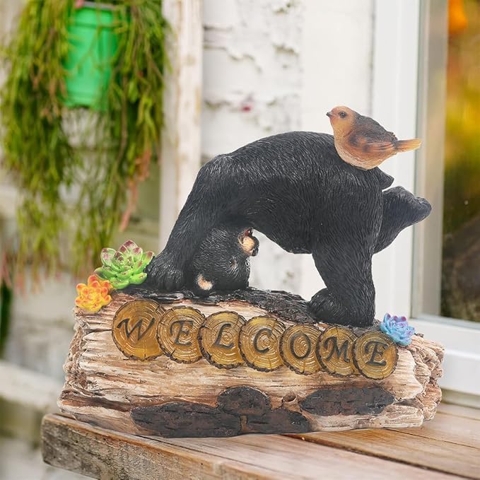 Bear Garden Decorations,Bear Solar Lights Outdoor Garden,Outdoor Solar Lights for Yard Decorations,Bear Garden Welcome Plaque Statue。