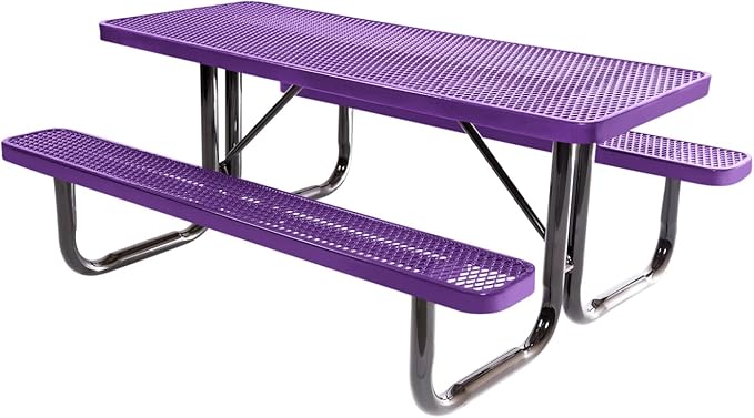 Coated Outdoor Furniture Heavy-Duty Portable Outdoor Picnic Table, Thermoplastic Coated Expanded Metal Commercial-Grade Patio Dining Furniture Made in America (6ft Rectangular, Textured Purple)