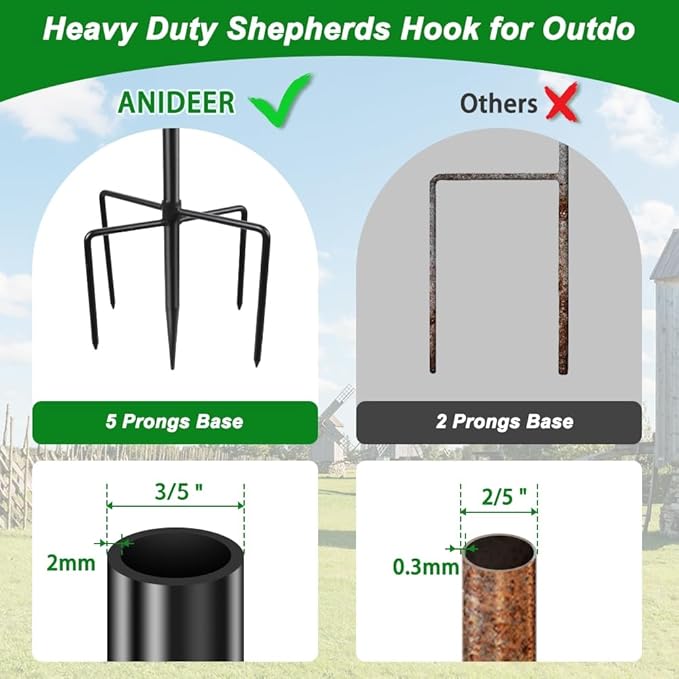 48" Shepherds Hooks for Outdoor, Heavy Duty Garden Bird Feeder Pole for Hanging Bird Feeder, Plant Baskets, Solar Light Lanterns, Outdoor Plant Hanger Hook with 5 Base Prongs,1 Packs